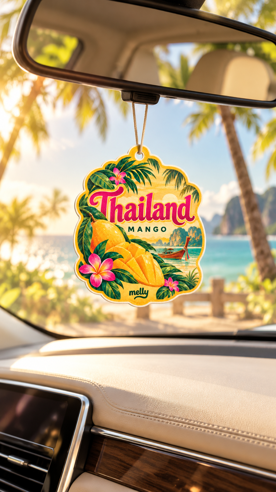 KI-Visualisierung des Thailand Mango Duftanhängers im geparkten Auto